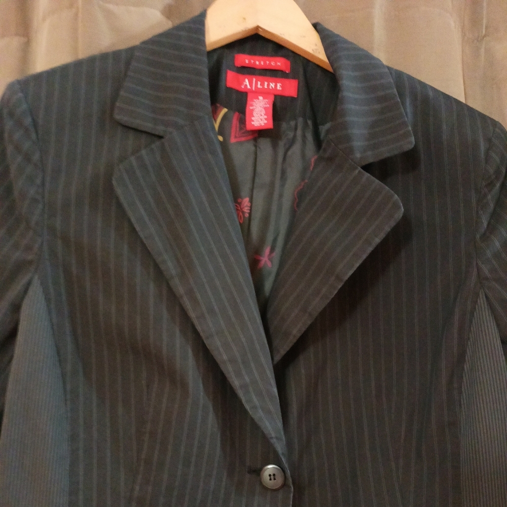 Vintage A Line Pin Striped One Button Black & Gray Blazer Suit Jacket Size 18 - Picture 2 of 8